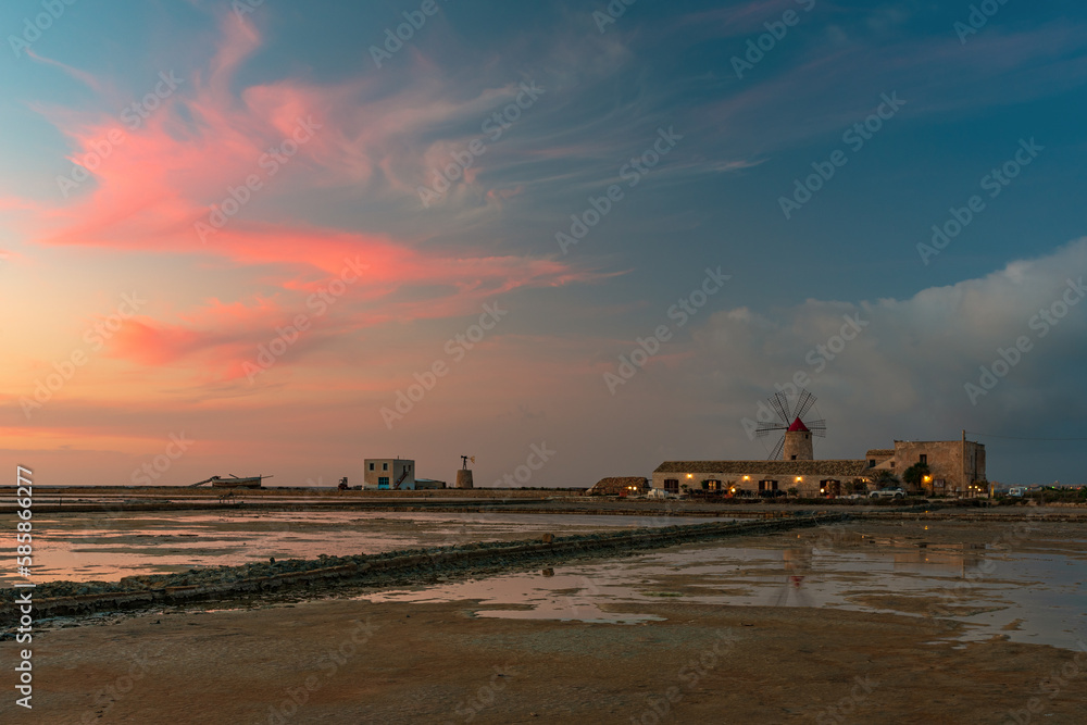 View on the windmill at dusk, Salt pans of Trapani IT