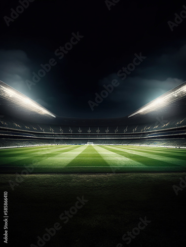 soccer stadium with illumination  green grass and night sky. Generative Ai