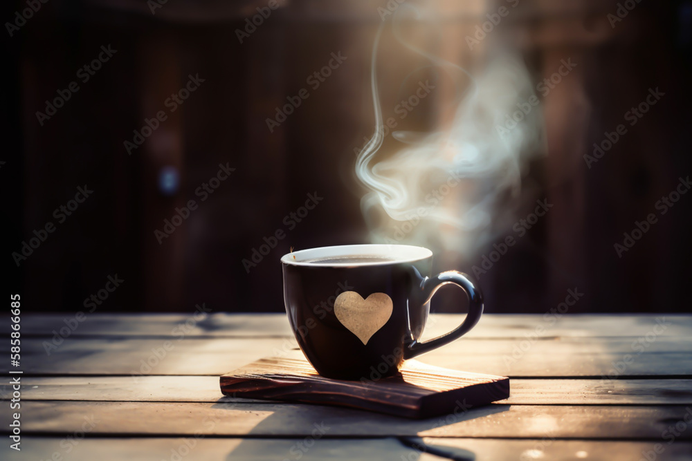 traditional coffee cup with heart shape, steam, generative ai traditional coffee cup with heart shape, steam, generative ai