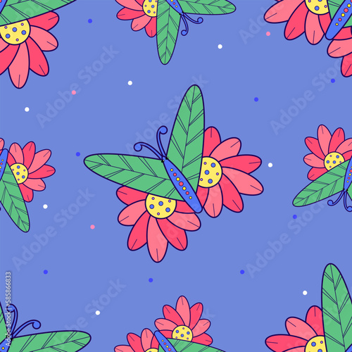 A repeating pattern with a flower moth. Vibrant floral wallpaper in cartoon s...