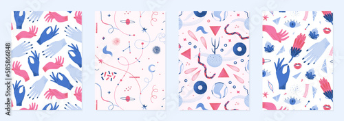 Set of vector covers with mysterious mythical textured elements. Hand drawn style. Witchcraft alchemical designs for posters, notebook, planners, diaries. Blue, pink, red colors
