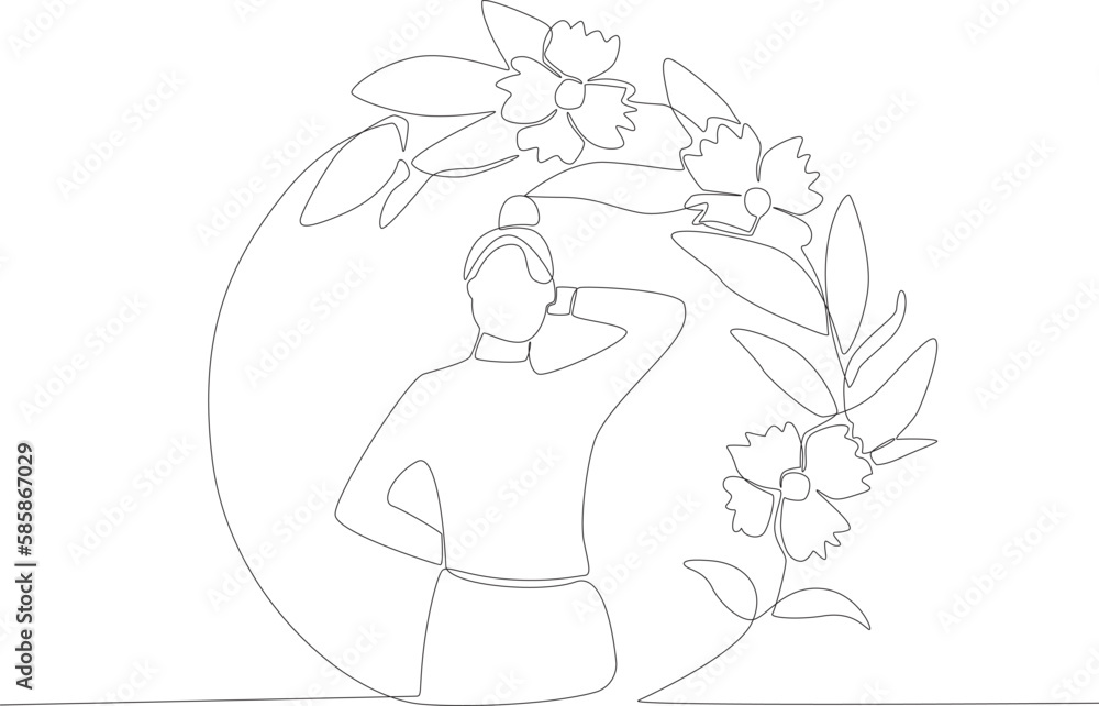 A woman posing in a floral circle frame. Floral frame one line drawing A woman posing in a floral circle frame. Floral frame one line drawing