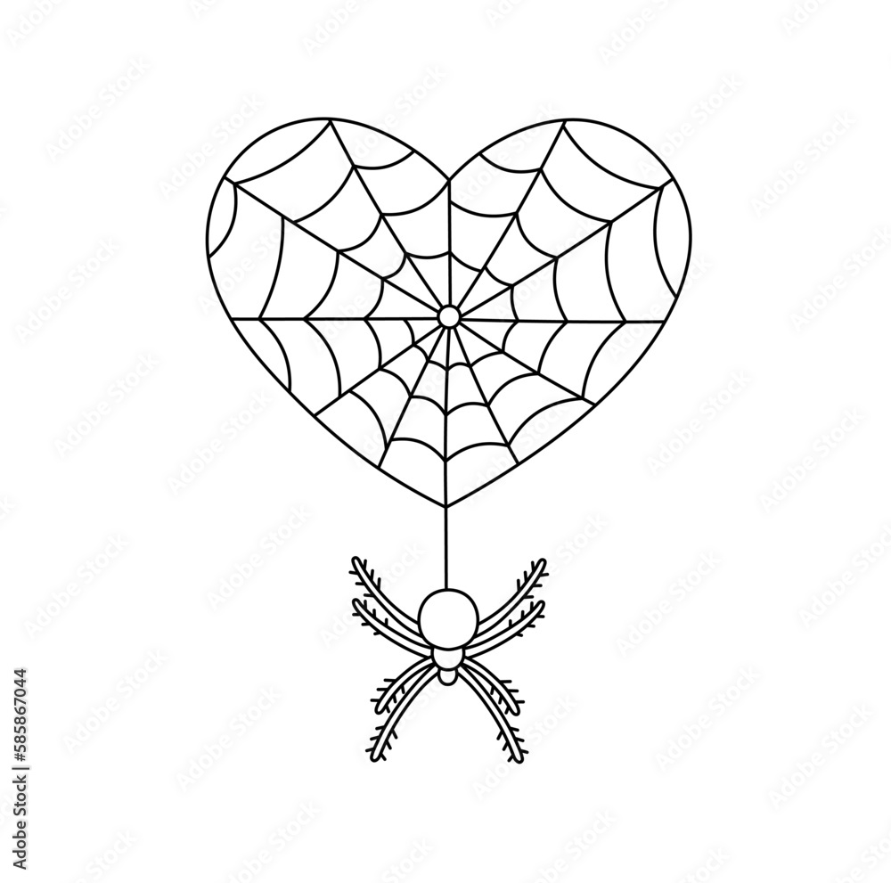 Vector isolated heart shaped spider web gossamer cobweb with hanging spider colorless black and