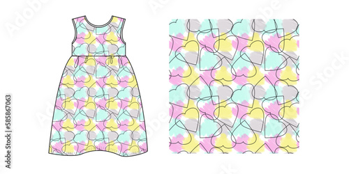 KID GIRLS WEAR SLEEVELESS DRESS WITH HEART PATTERN VECTOR. Vector illustration