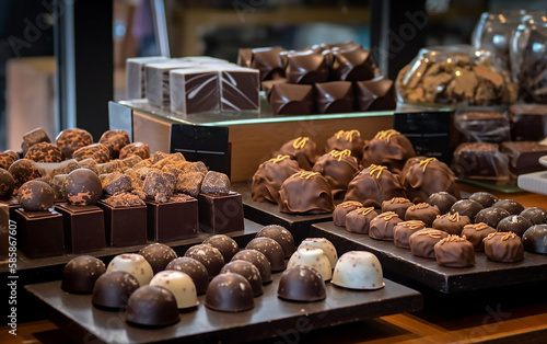 An elegant display of gourmet chocolates and truffles in a cozy shop setting, inviting indulgence.