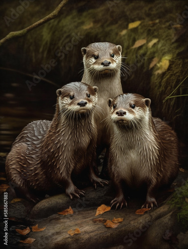 otter family in the park river