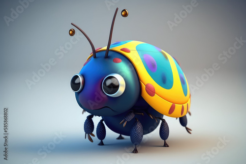 Cute colorful insect cartoon character. Isolated on flat background with copy space. Small beetle, one funny bug. 3d render illustration. Generative AI art.