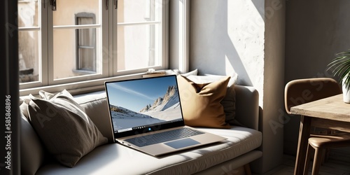 ersonal laptop computer is open on a wooden table. , generative artificial intelligence photo