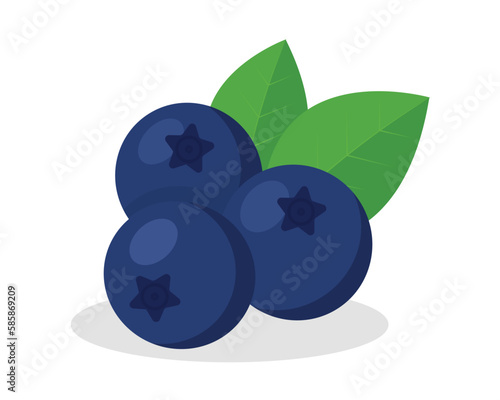 Blueberries with leaves flat vector illustration on white transparent background