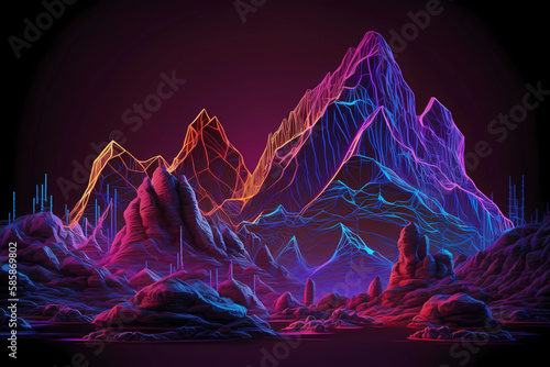 Abstrakter violetter Hintergrund der virtuellen Realität, Cyberspace-landschaft mit unwirklichen bergen. Neon-Drahtmodell-Gelände. Neon Konturen.