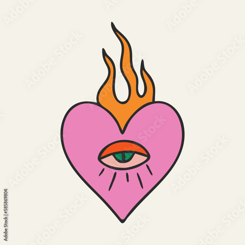 Sacred Mexican heart, my heart. Burning heart with an eye. Cartoon style. Color handmade postcard. Love romantic concept. Fashion vector illustration.