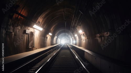 Subway tunnel with blurred light tracks with arriving train in the opposite direction. Generative Ai