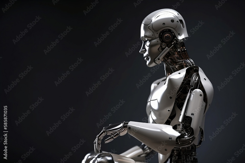 metallic white robot, black background. Generative AI.