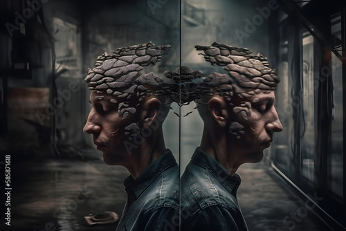 Schizophrenia concept, symbol of depresion, dementia. Generative AI