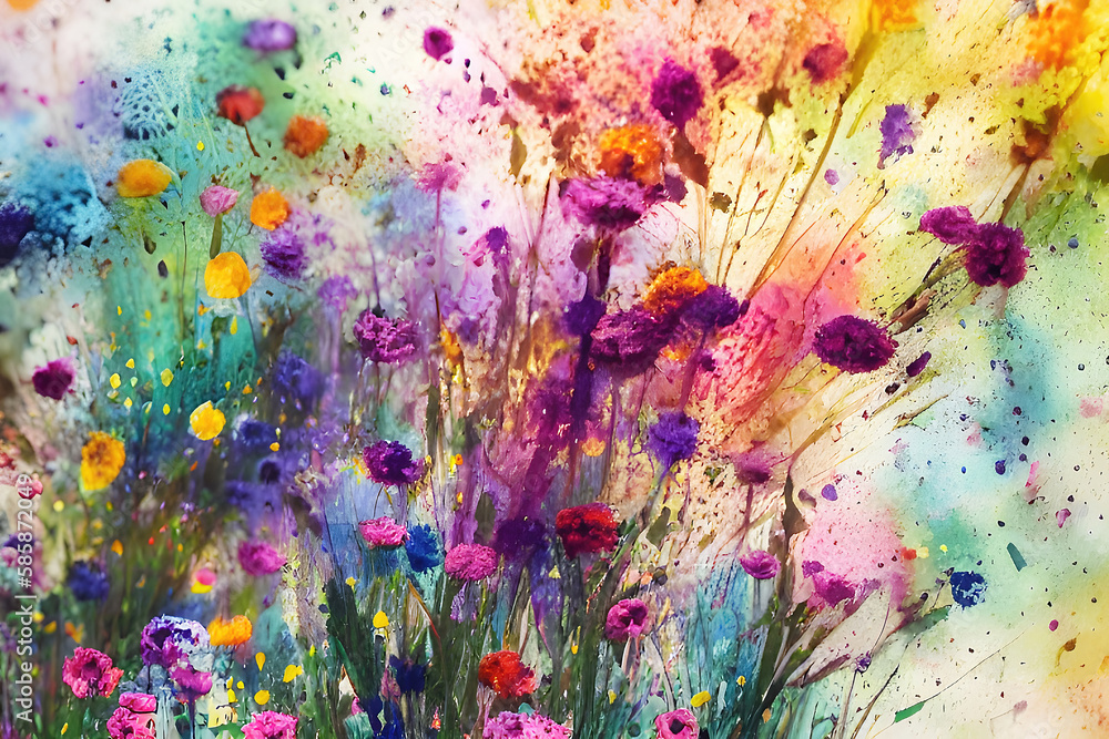 Fototapeta premium Watercolor flowers background, abstract flowers made of watercolor paint splashes. Generative Ai.