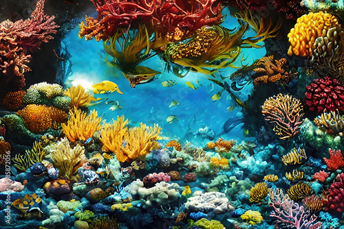 Coral reef underwater illustration  beautiful undersea coral reef background. Generative Ai.