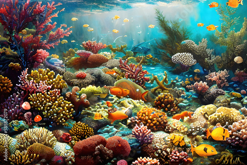 Coral reef underwater illustration, beautiful undersea coral reef background. Generative Ai. © Cobalt