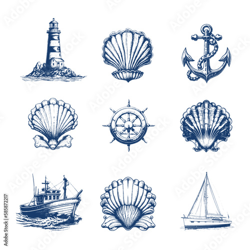 Marine doodles set with ships, boats and nautical anchors. Vector illustrations in hand drawn style.