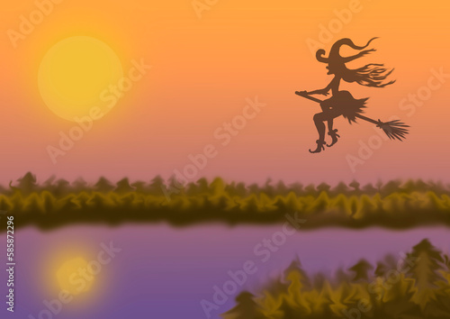 Illustration for the Halloween holiday where there is forest, water in a lake or river, the moon or the sun and a witch flying on a broom in the sky. Fabulous background with copy space for Halloween