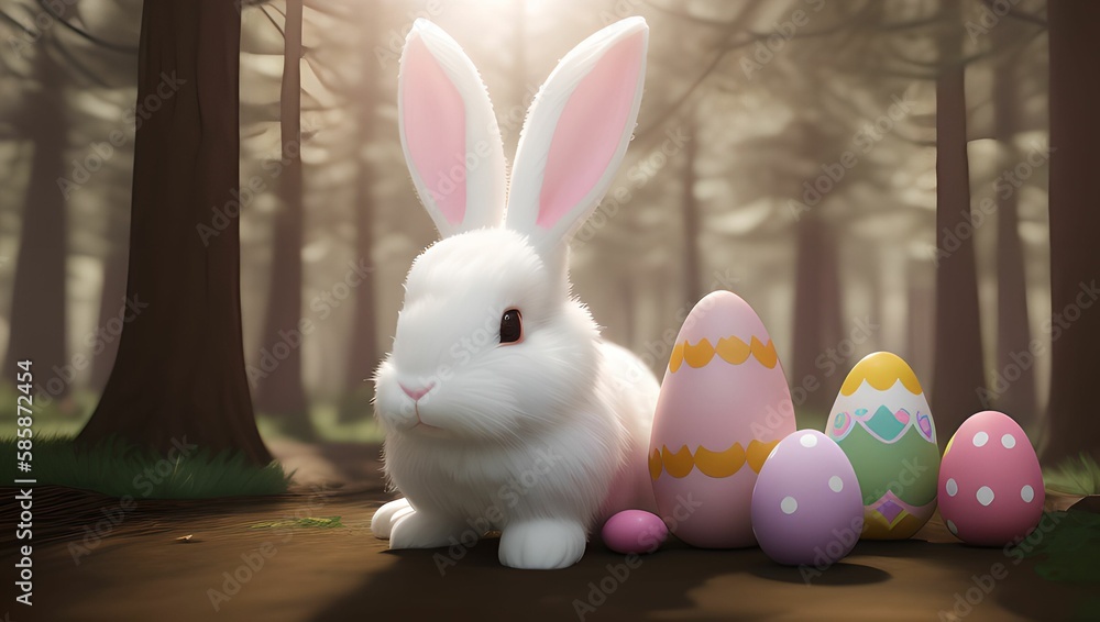 Cute easter bunny with easter eggs in forest by generative AI
