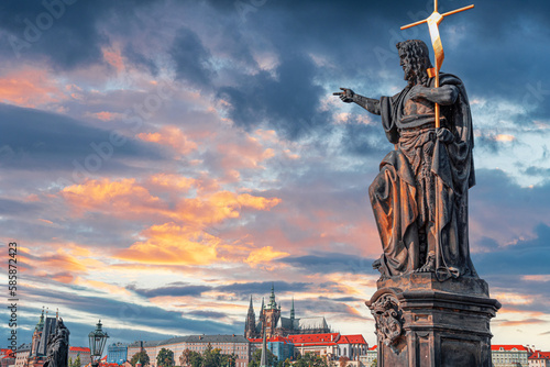 Photography Statue on the Charles Bridge with Prague Castle