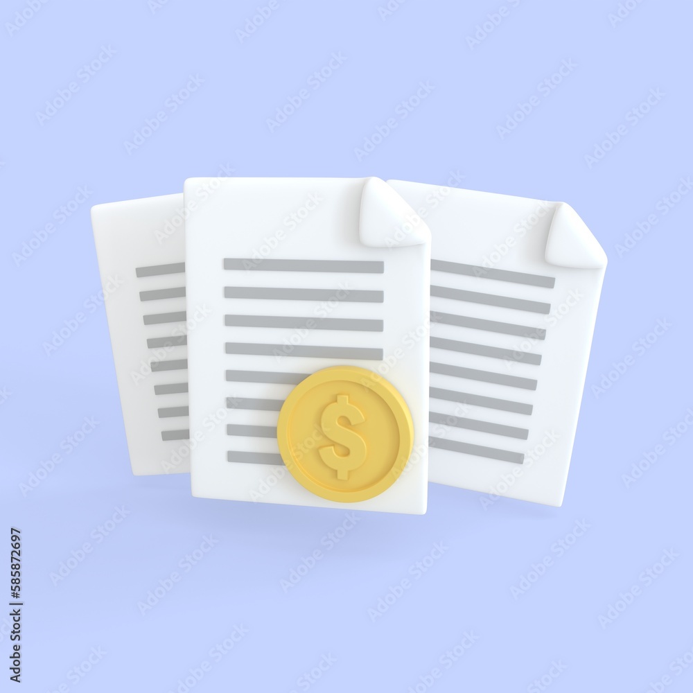 Document 3d render icon. Stack of paper sheet with text and golden coinfor finance loan or tax. business money finance and assignment files concept. Document 3d render icon. Stack of paper sheet with text and golden coinfor finance loan or tax. business money finance and assignment files concept.
