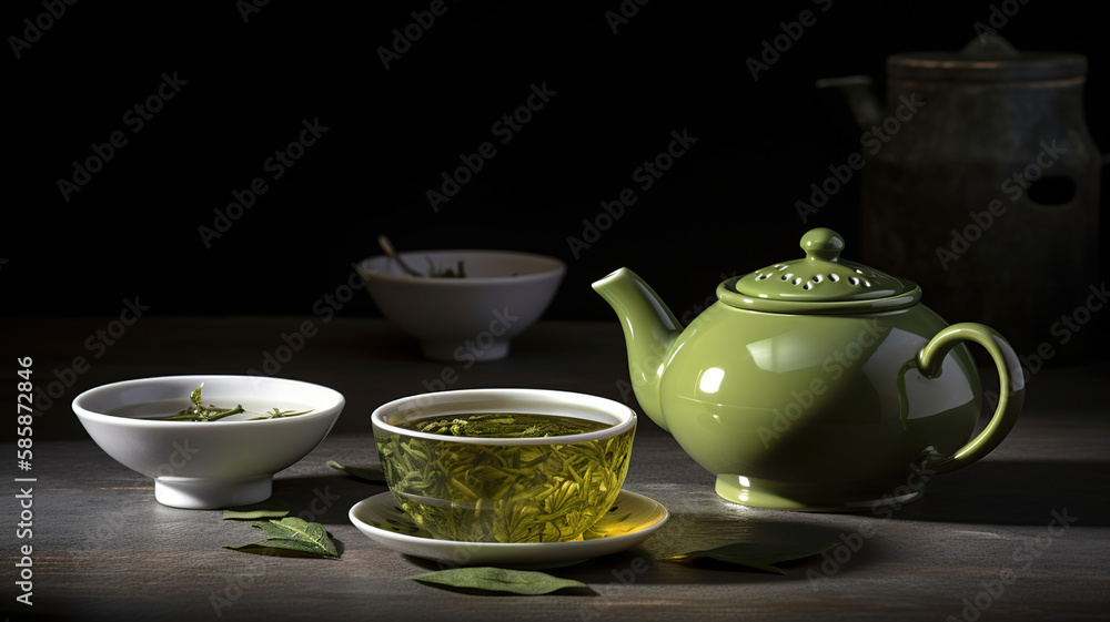Cup with green tea and teapot. Generative Ai