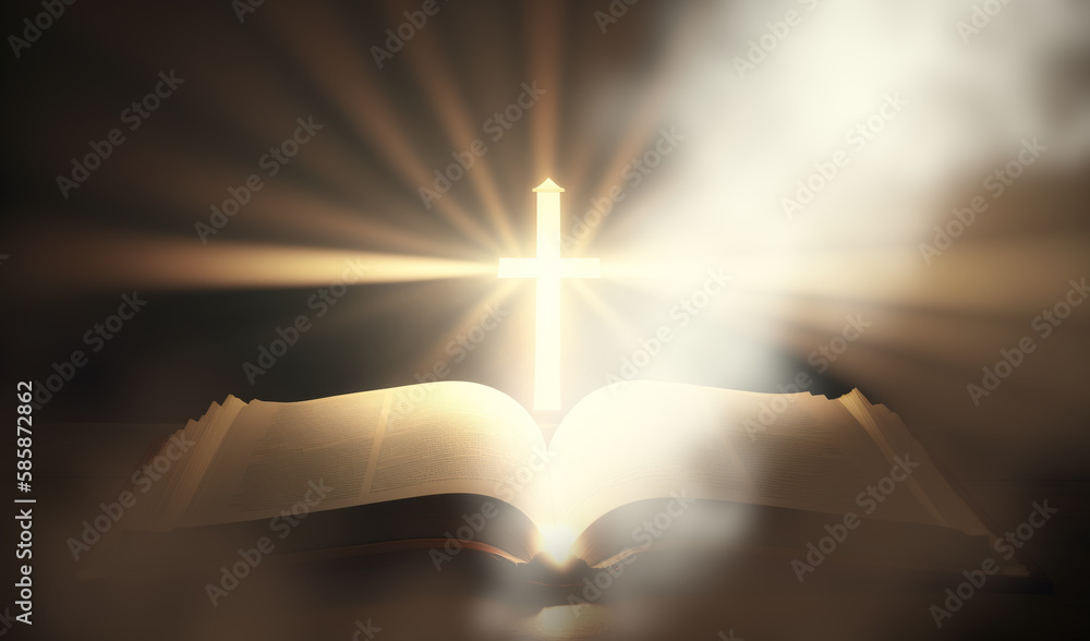 AI Generated, Illuminating Faith Open Bible with Glowing Cross and Radiating Light. Stock 