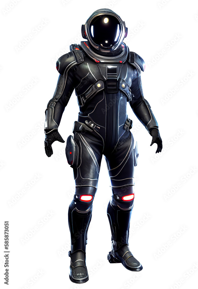 Space suits isolated on dark background. Ai generated. Space suits isolated on dark background. Ai generated.