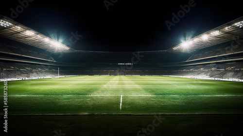 soccer stadium with illumination  green grass and night sky. Generative Ai
