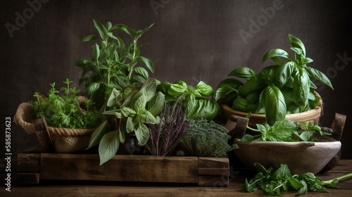 Vegetable plants inside a wooden box on a wooden table Generative AI