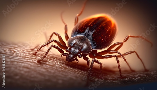 Infected tick on human skin. Ixodes lyme ricinus mite. Dangerous biting insect macro photo. AI generation
