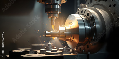 CNC turning drill milling factory processes steel turbine part process. Metal machine tools industry banner. Generation AI