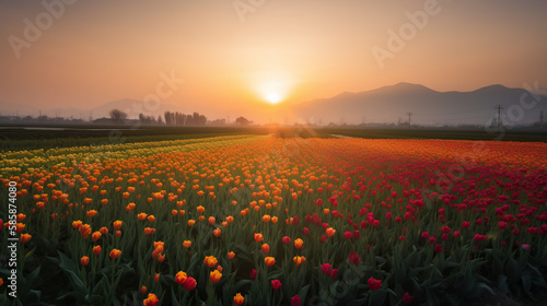 Tulip field at sunset  Generative AI