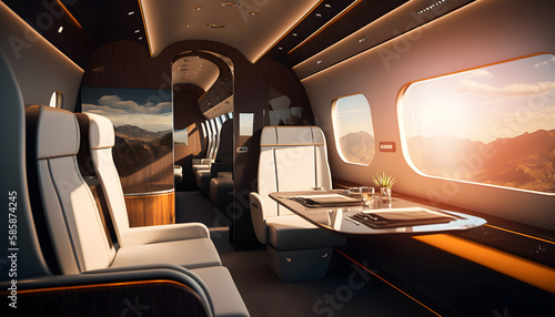 luxury interior in private modern business jet and sunlight in porthole. Generation AI