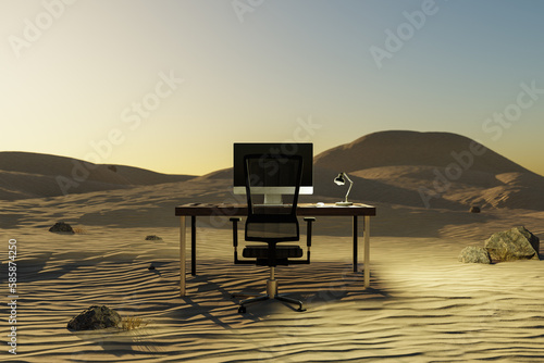 lonely pc workplace in large desert environment; remote work and digital nomad and climate crisis concept; 3D illustration