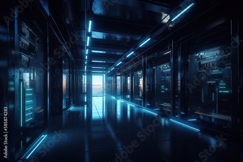 Futuristic corridor with glowing neon lights, Generative AI
