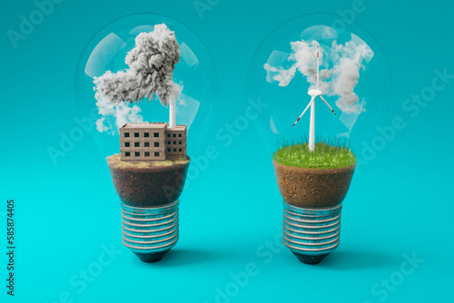 lightbulbs with minature wind turbine and coal-fired power station  inside; green soil and clouds; pollution and smoke; renewable clean energy concept; infinite background; 3D Illustration