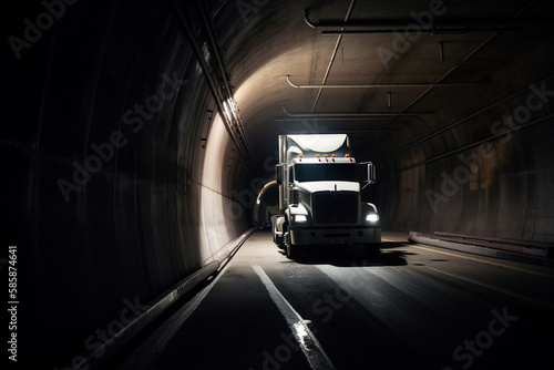 Modern powerful powerful big rig semi truck with glowing headlights driving on the road in dark tunnel at night. Industrial concept. Generative AI