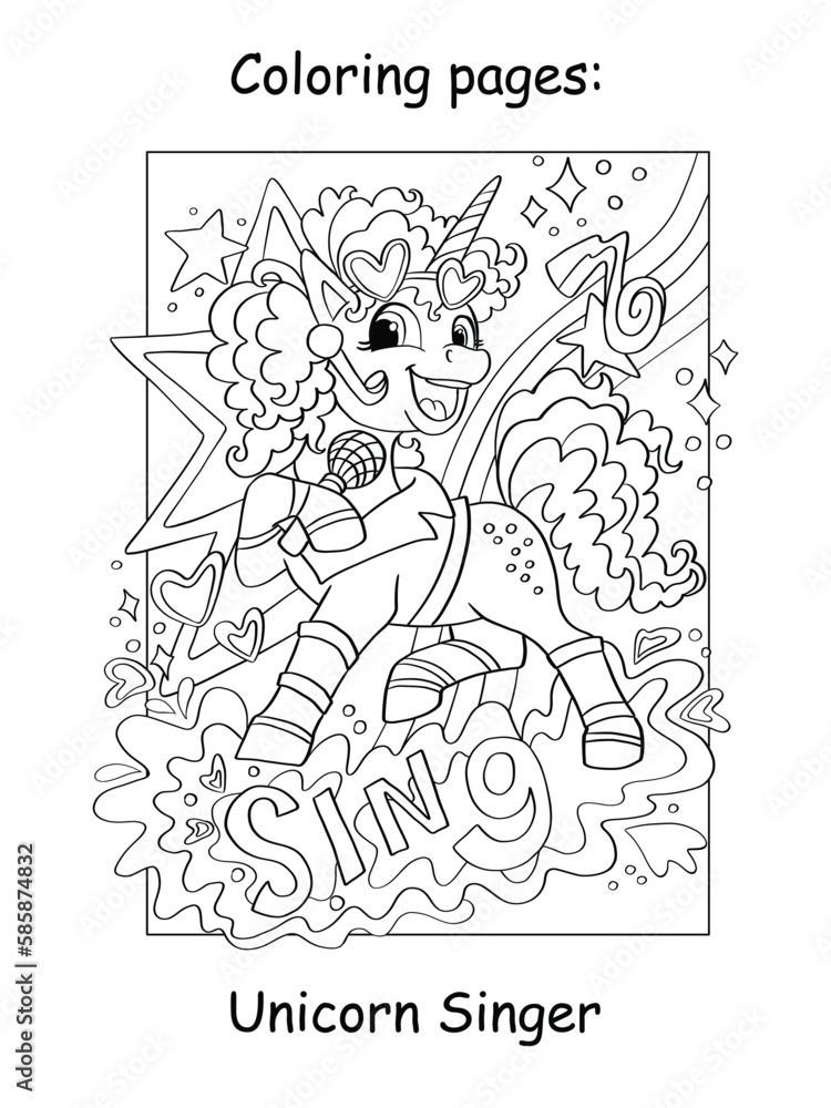 Cute beautiful unicorn singer coloring book vector