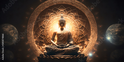 Buddha statue meditate with golden aura on yellow banner dark background with light. Generation AI