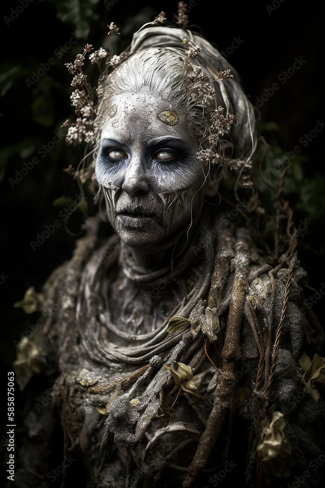 Scary portrait of an undead female witch with dried flowers in her hair and a bride dress. Generative Ai