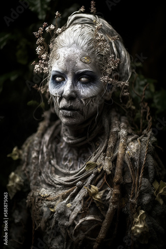 Scary portrait of an undead female witch with dried flowers in her hair and a bride dress. Generative Ai © Zenturio Designs