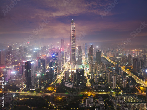 drone aerial view of the shenzhen city at night