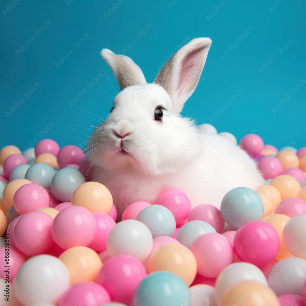 a white rabbit among a lot of decorated colorful eggs with a blue color background a white rabbit among a lot of decorated colorful eggs with a blue color background
