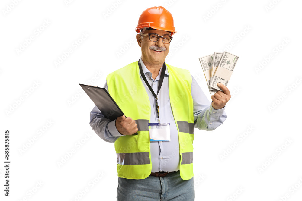 Mature male engineer with a safety vest holding money Mature male engineer with a safety vest holding money
