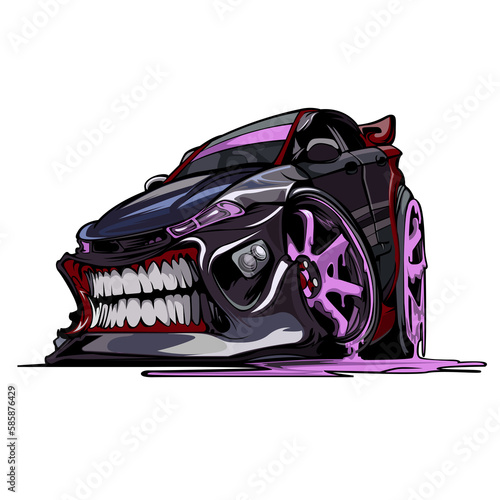 Tuned racing car with mouth and teeth, monster car, graphic illustration