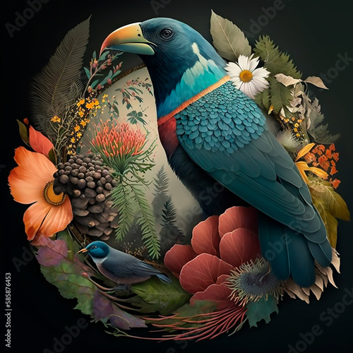 Tropical bird with jungle vegetation and exotic fauna and flora in bright colors, generative IA photo