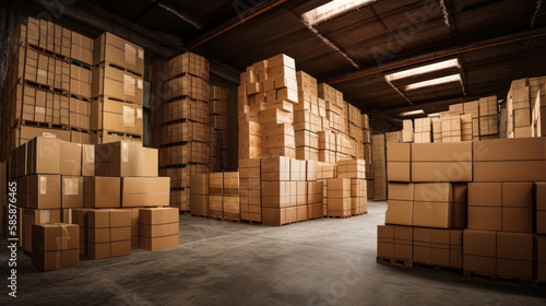 Old style warehouse with cardboard boxes stacked on top of each other. Generative AI © piai