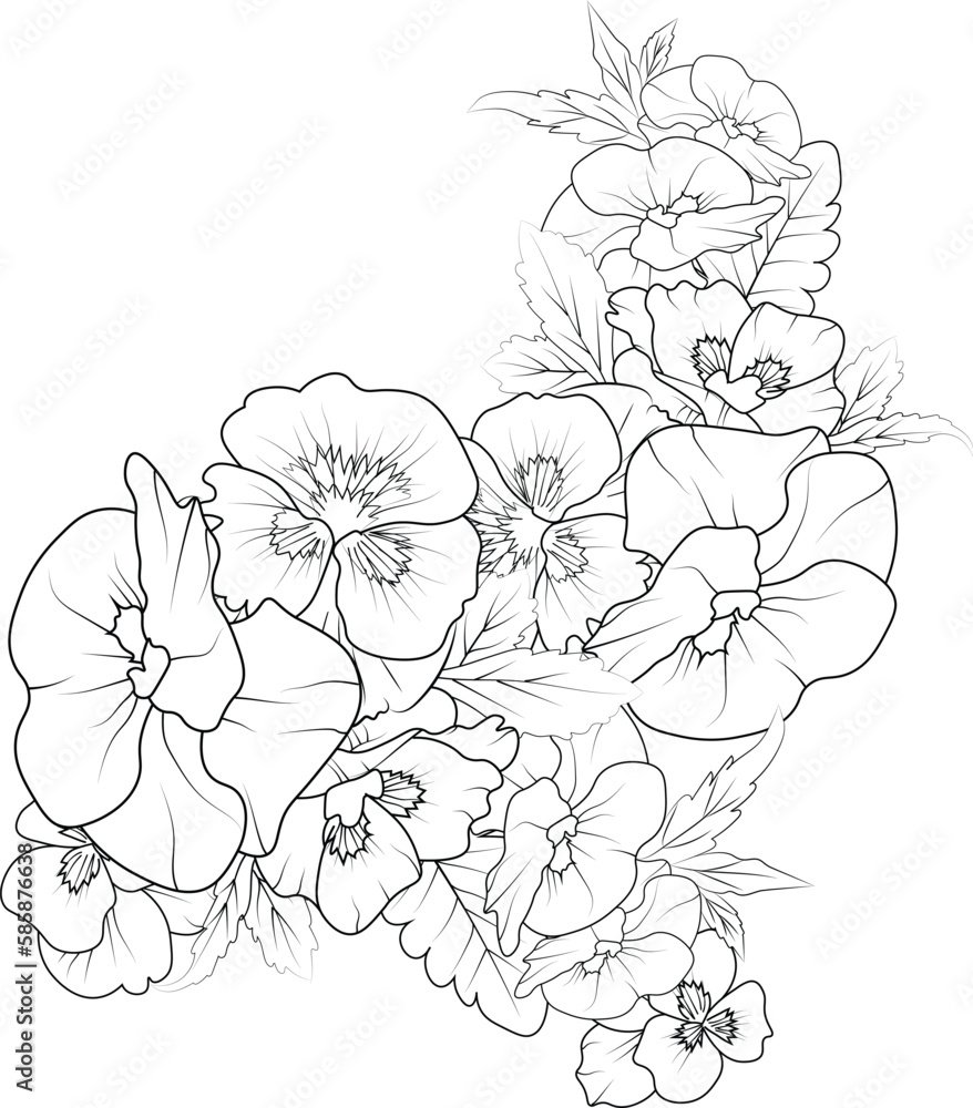 realistic pansy drawing, outline pansy flower drawing, traditional pansy tattoo, pansy line drawing, Flowers branch of violet flower Hand drawing vector illustration Vintage design floral bouque.